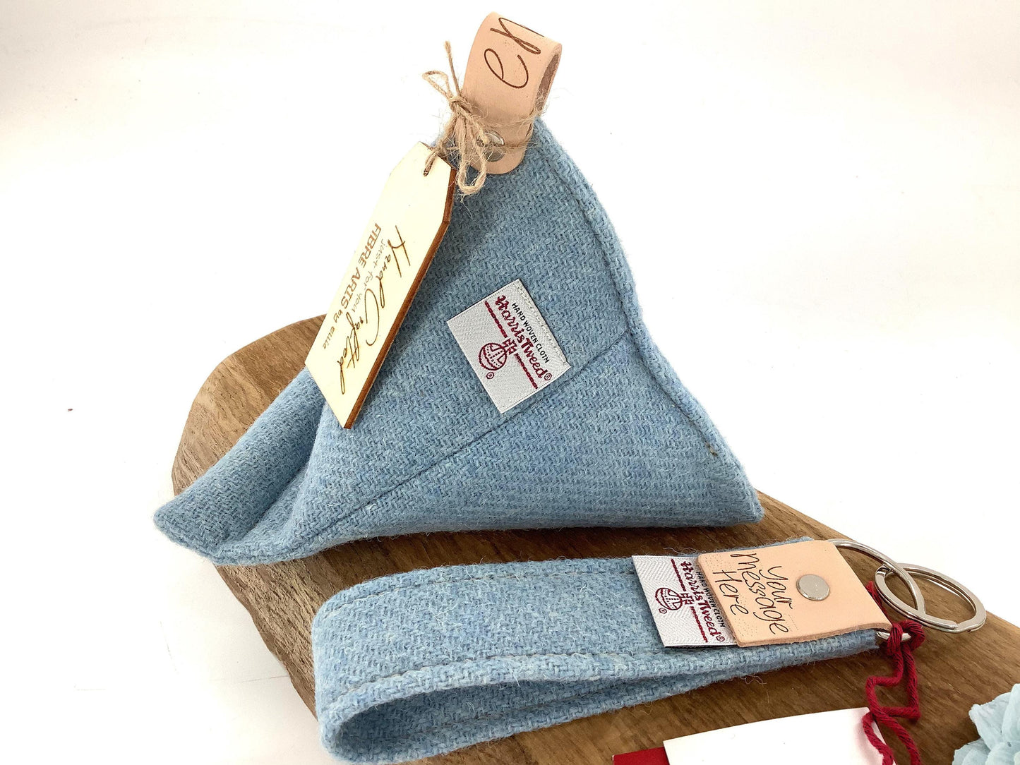 Blue Harris Tweed Keyring Gift Set. Tablet, Kindle or Mobile Phone Stand. Weighted Bean Bag Style. Custom Personalised Leather Hide Trims