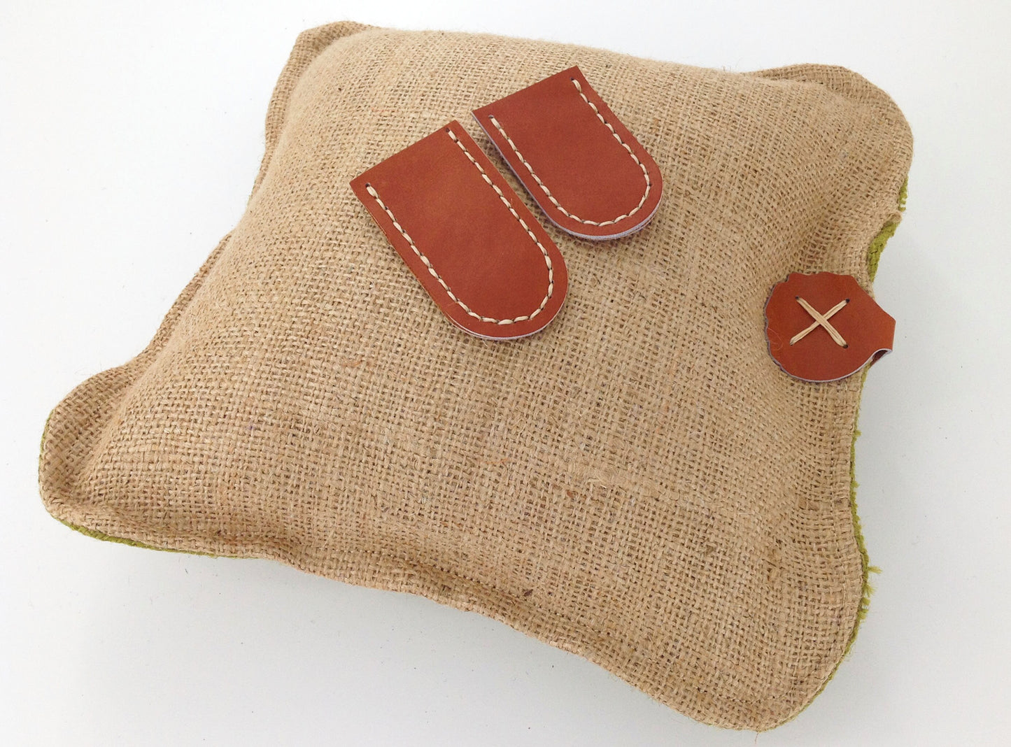 Hessian Needle Felting Mats Large and Small with Hand Stitched Leather Hide Finger Protectors. Pre filled in Green and Natural colours