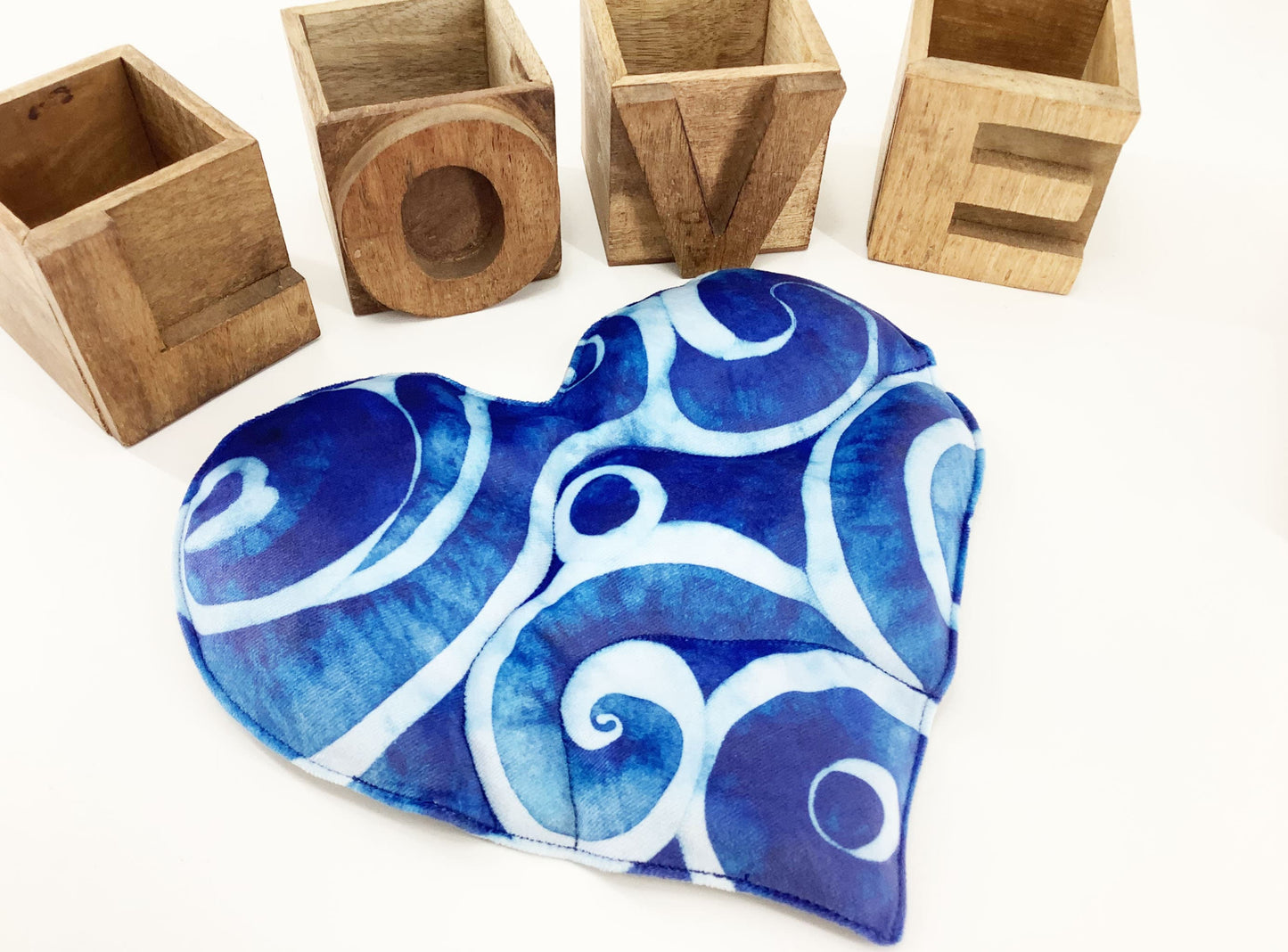 Indigo Shibori Print Heart Shaped Wheat Bag. Lavender Scented or Unscented Warming Handmade Heat Therapy Gift