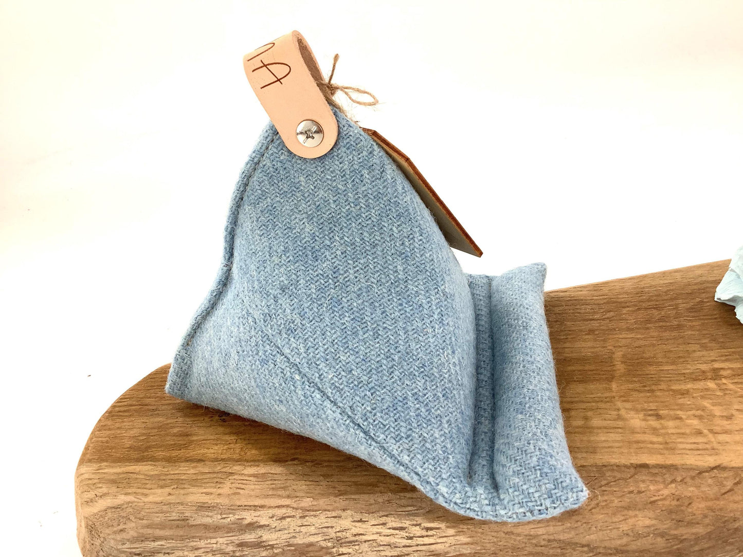 Blue Harris Tweed Keyring Gift Set. Tablet, Kindle or Mobile Phone Stand. Weighted Bean Bag Style. Custom Personalised Leather Hide Trims