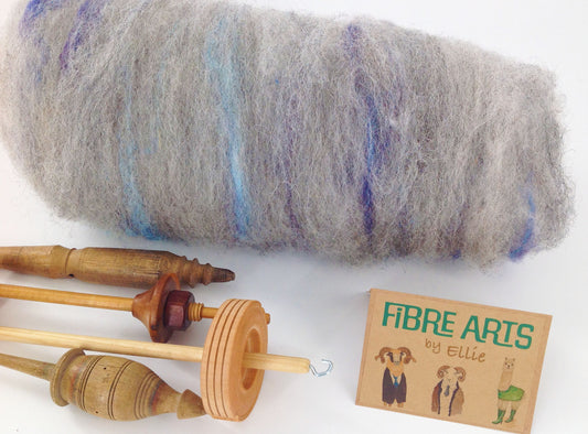Art Batt for Spinning 127g. Hand Washed and Carded Natural Lilac Jacob Wool with Hand Dyed Two Tone Blue Tussah Silk