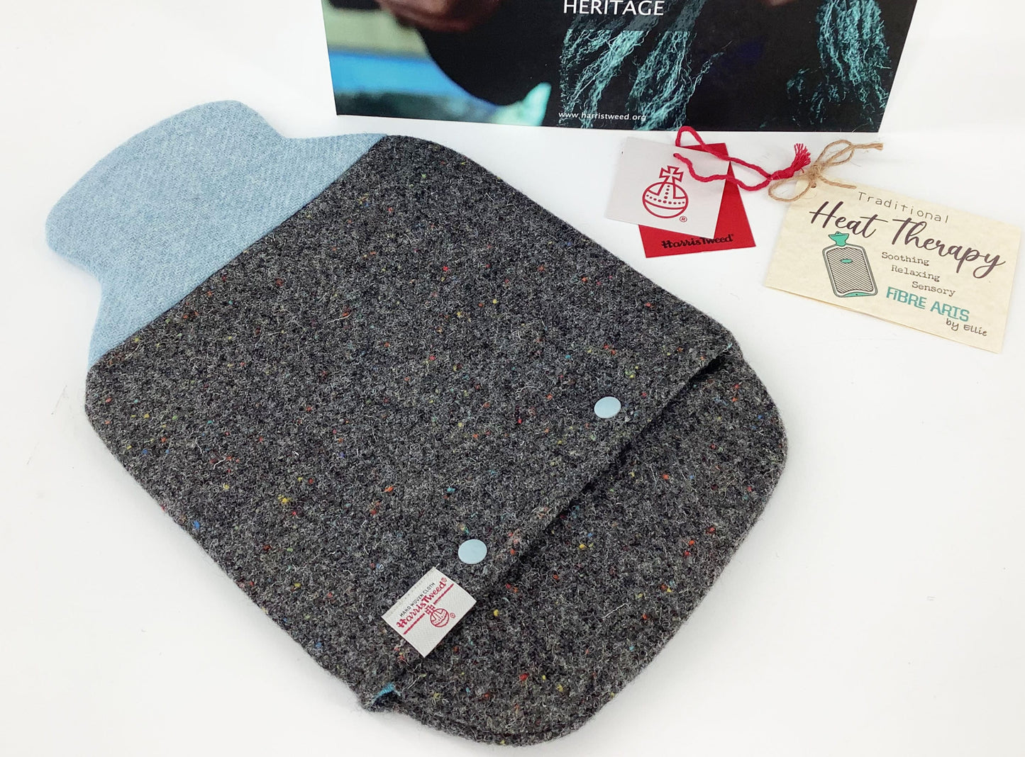 Harris Tweed Hot Water Bottle Cover. Pale Blue Dark Grey Patchwork Ball. Cosy Wool Heat Therapy Relaxation Mindfulness Eco Gift