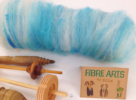 Art Batt for Spinning 124g. Hand Washed and Carded Curly Ryeland Longwool with Hand Dyed Turquoise Mohair and a hint of Tussah Silk
