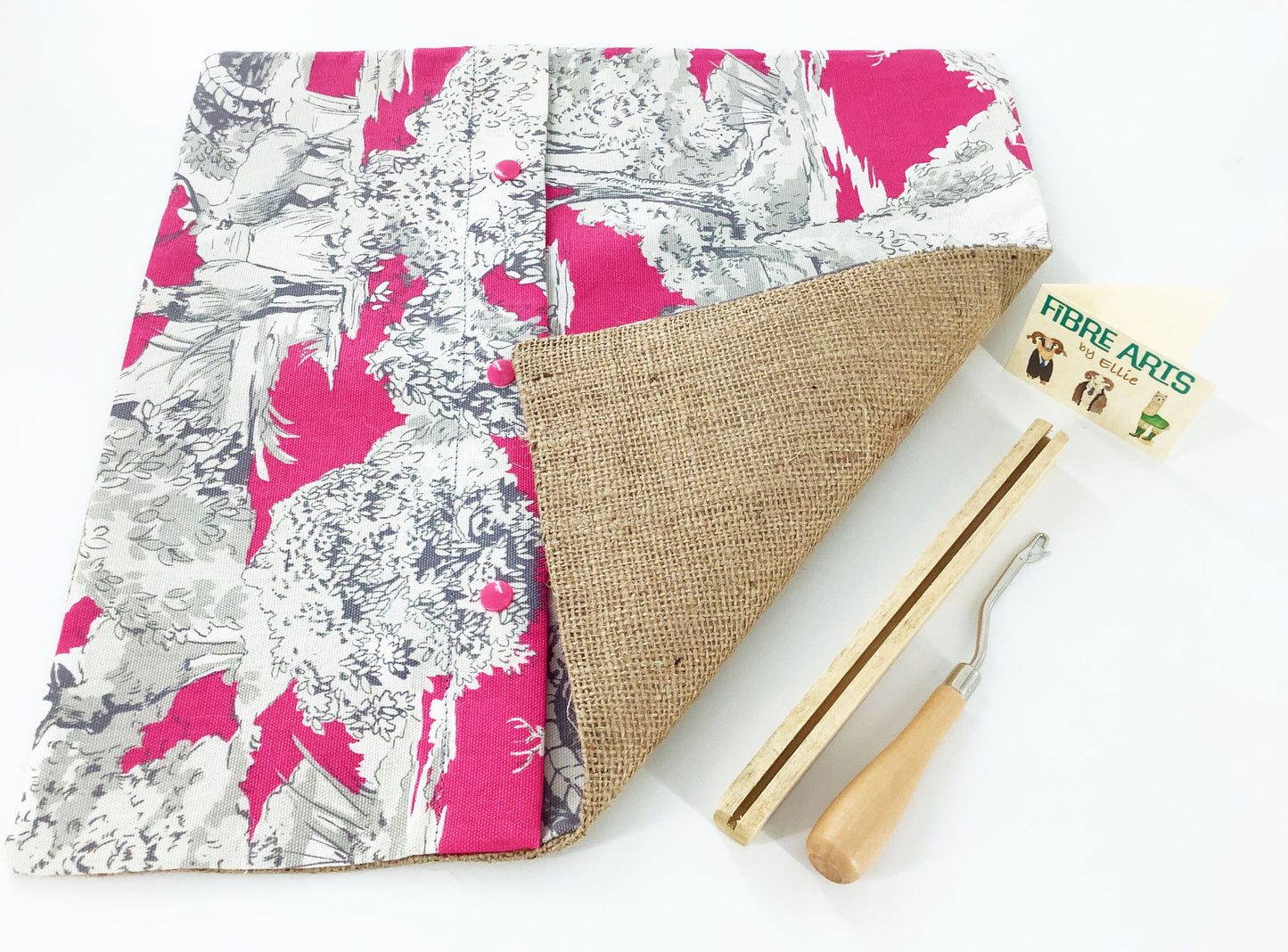 Beginners  Rag Rug Cushion Kit Kit. . Rag Rug Tools and Designer Pink Print Cotton Burlap Finished Cushion