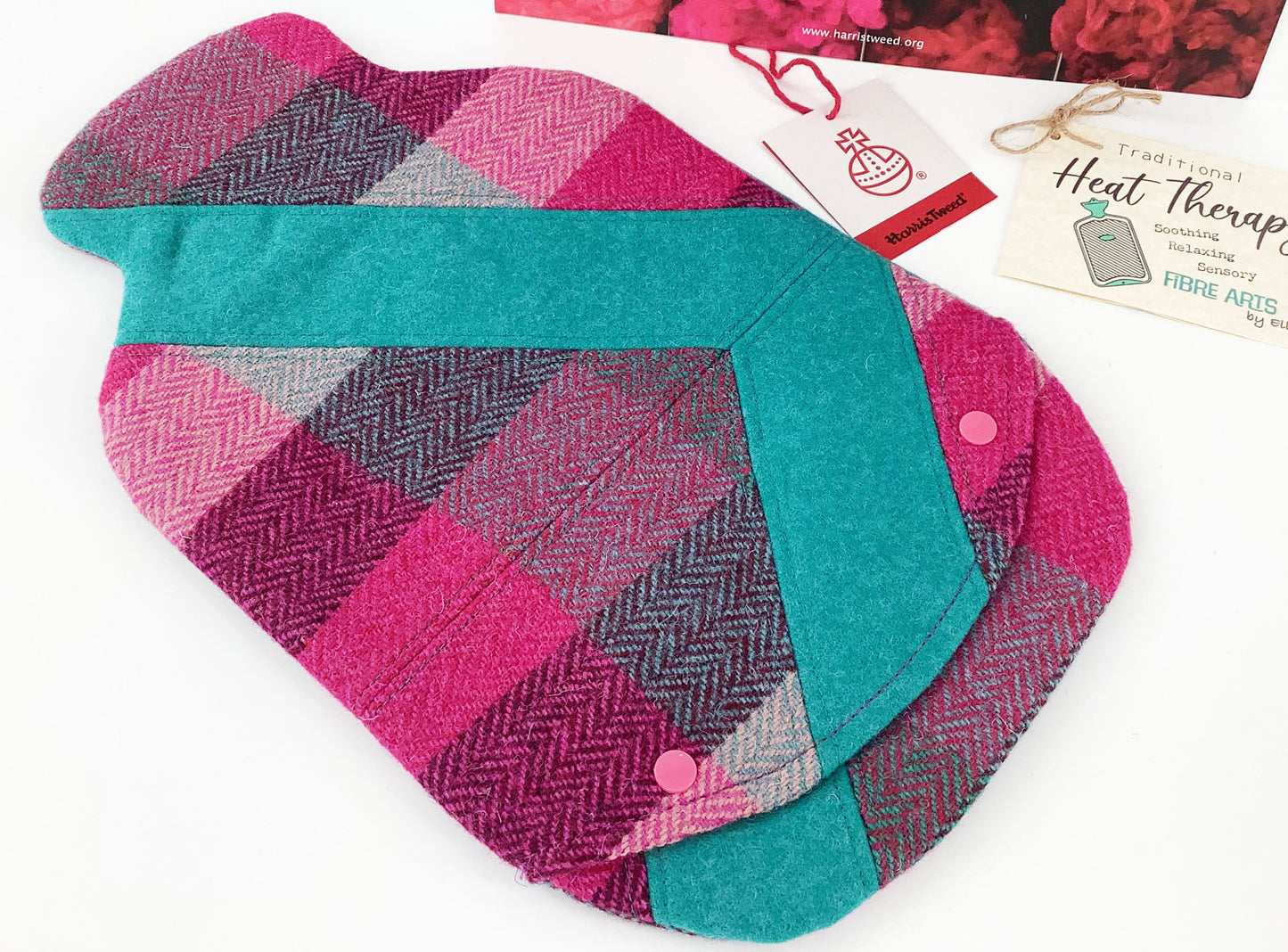 Harris Tweed Hot Water Bottle Cover. Wool Flower Raw Edge Applique Jade Pink Patchwork
