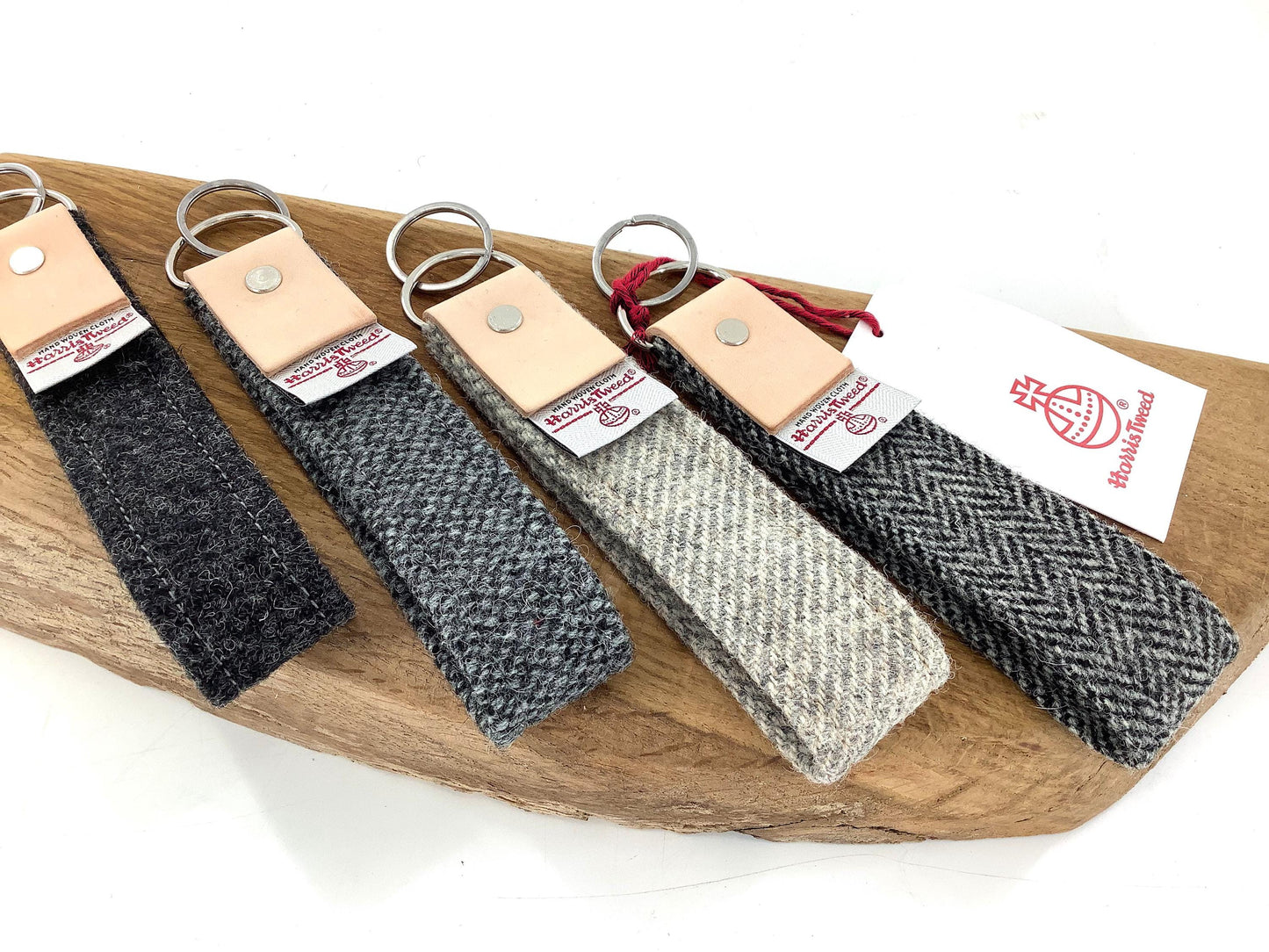 Harris Tweed Keyring with Personalised Leather Hide Trim. Handcrafted Wool Gift