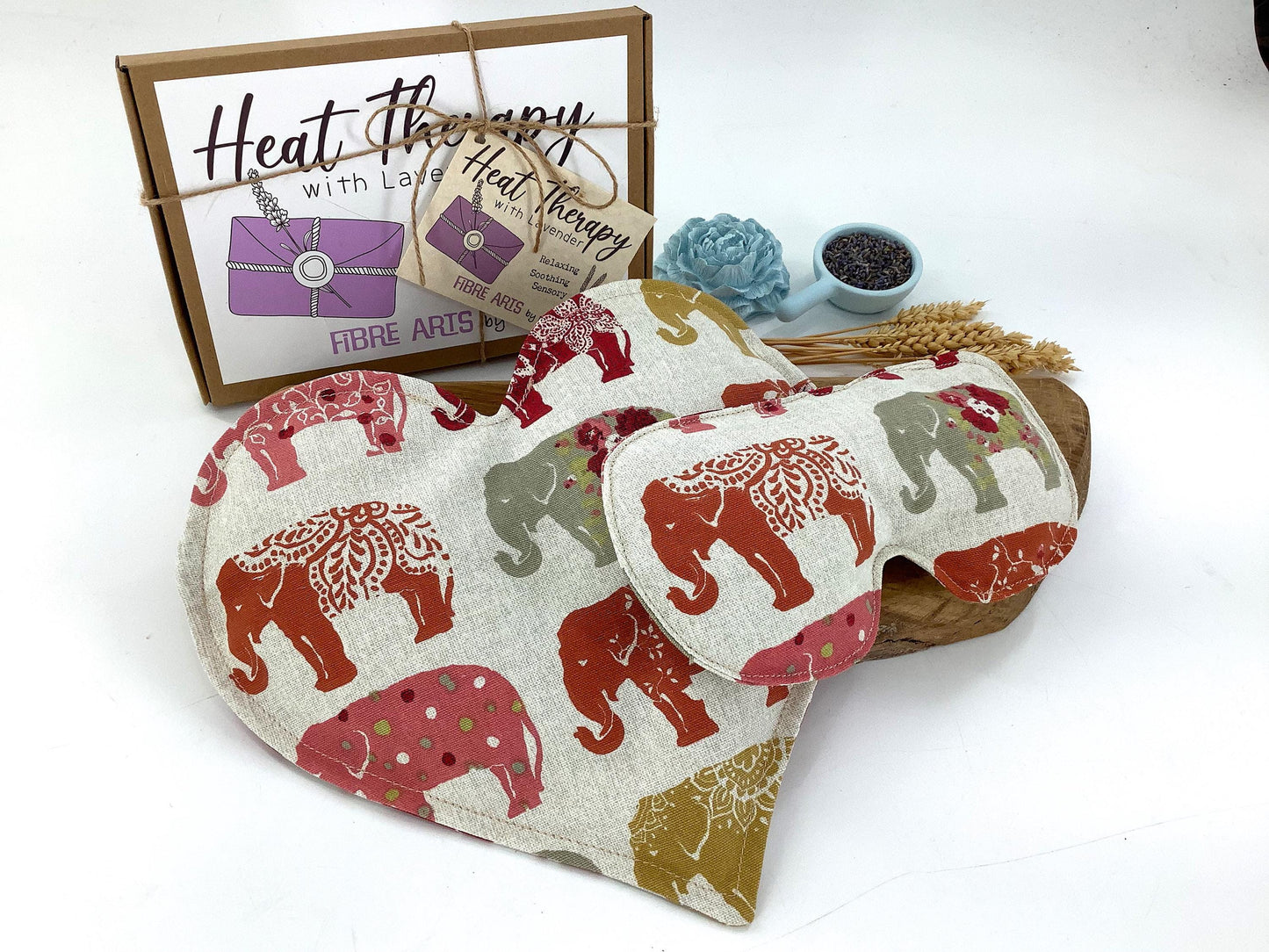 Elephant Heart Shaped Microwave Wheat Bag & Face Pillow Heat Pack Gift Set with Covers. Sheep Themed Lavender Scented Wellbeing Gift Box