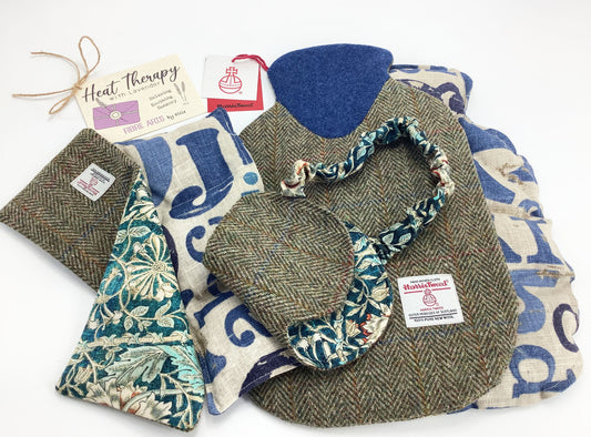 Microwave Wheat Bag Harris Tweed Gift Set. Sleep Mask, Weighted Lavender Eye Pillow, 2L   Hot Water Bottle Cover Heat Therapy Care Package