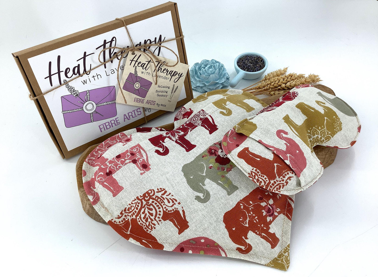 Elephant Heart Shaped Microwave Wheat Bag & Face Pillow Heat Pack Gift Set with Covers. Sheep Themed Lavender Scented Wellbeing Gift Box