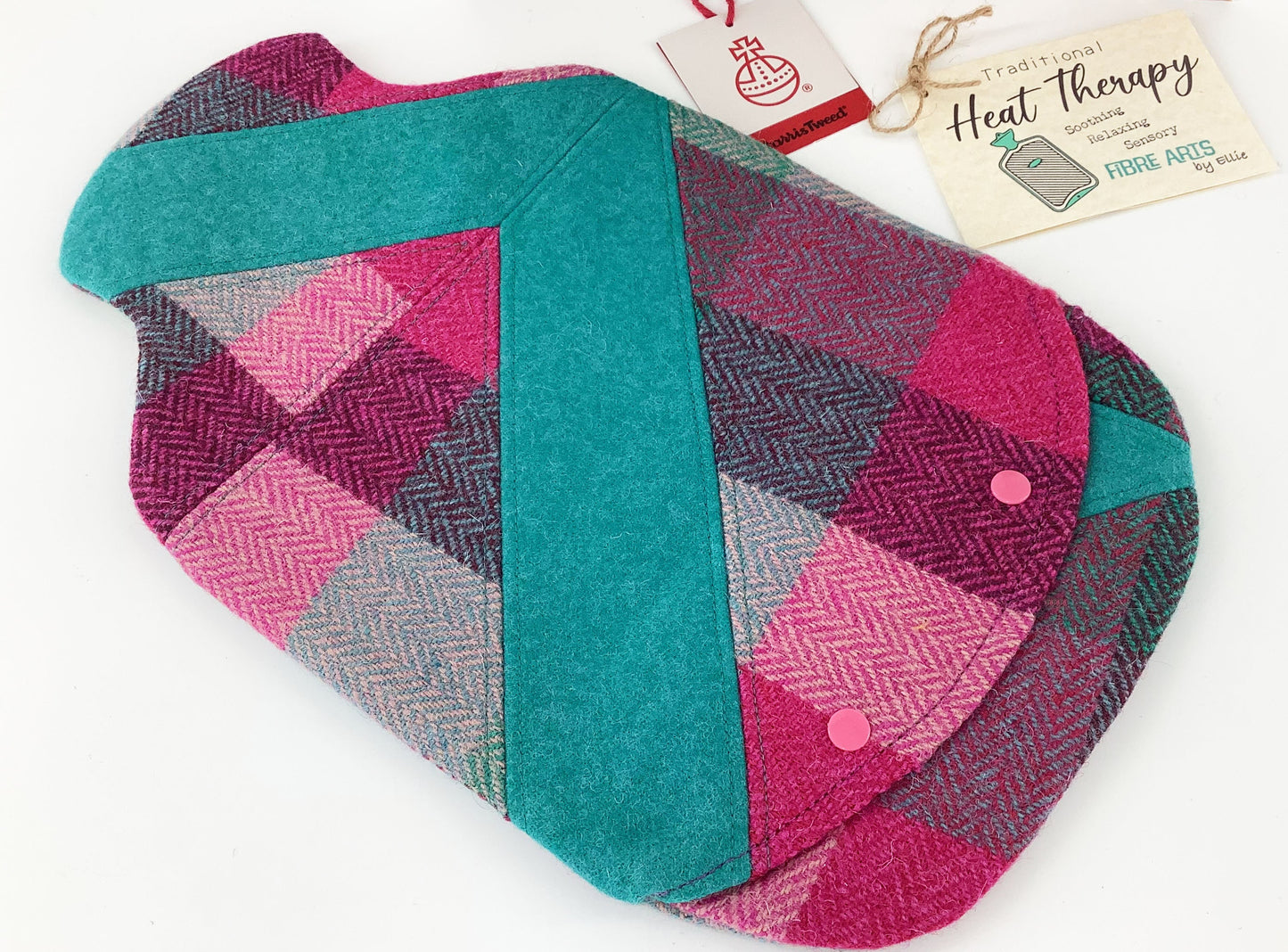 Harris Tweed Hot Water Bottle Cover. Patchwork Applique Hearts Heat Therapy Relaxation Mindfulness Eco Gift for Her