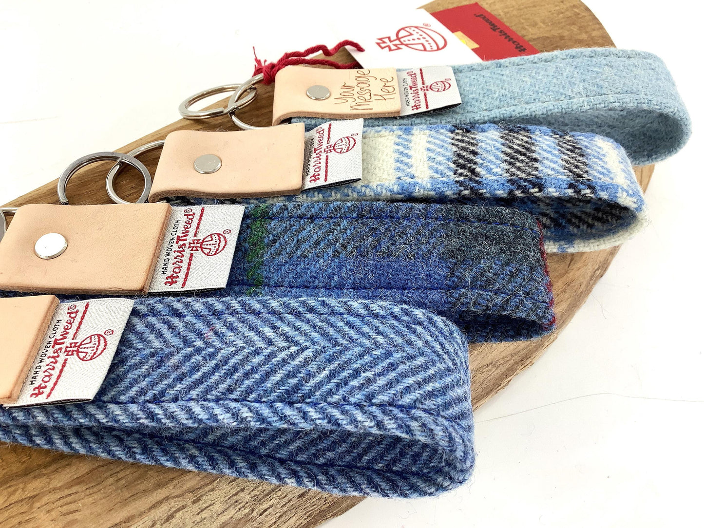 Harris Tweed Keyring with Natural Leather Hide Trim. Handcrafted Personalised Wool Gift