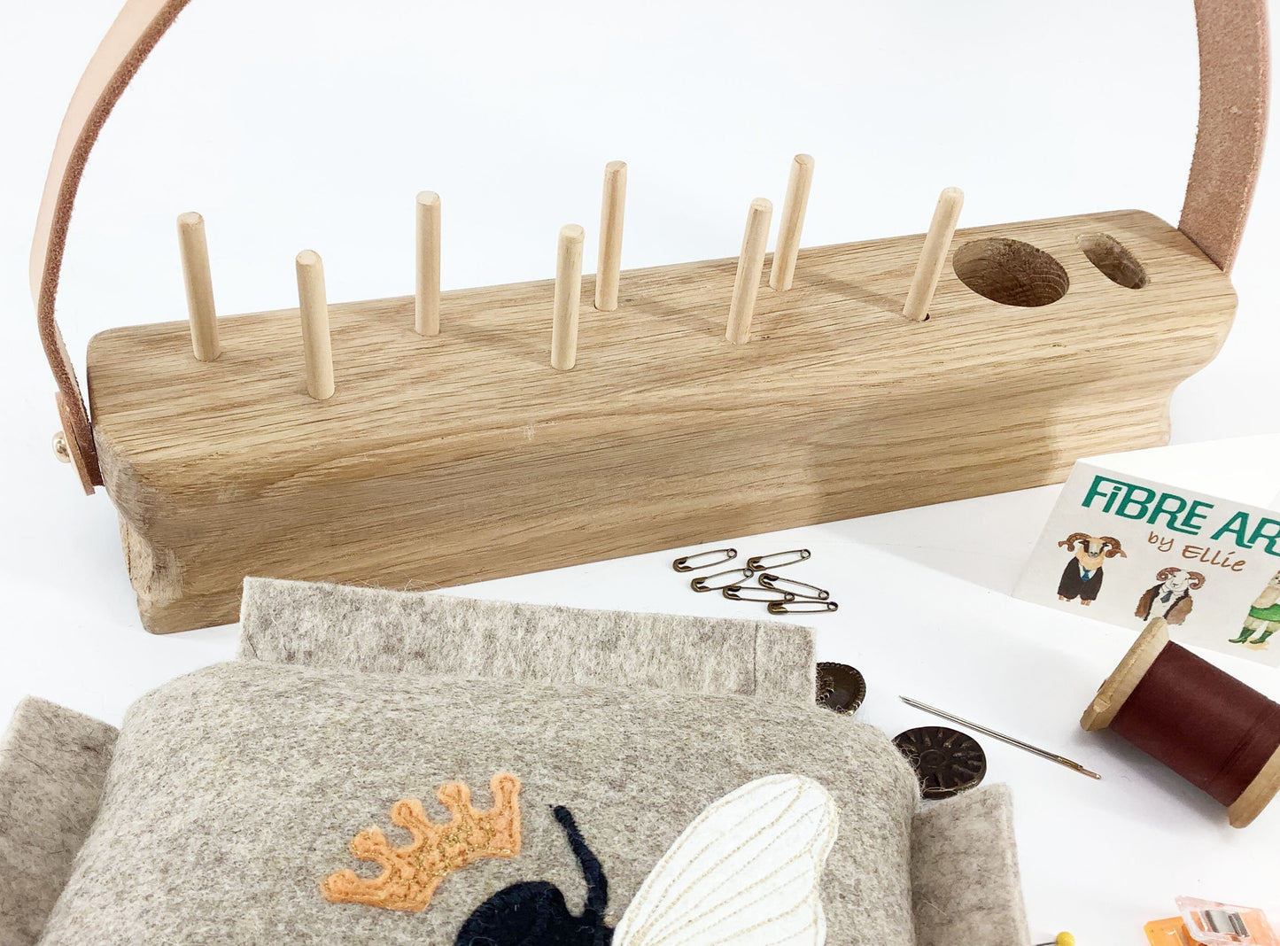 Oak Wooden Bobbin Spool Thread Stand Holder Bee Pin Cushion Set. Scissor, Tools, Cotton Reels Bobbins Display. Handmade Sewing Gift