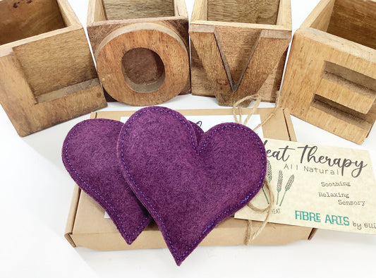 Hand Warmers. Pocket Size Mini Wheat Bags. Reusable Heart Shaped Luxury Purple Wool Warming Scented or Unscented Handmade Gift