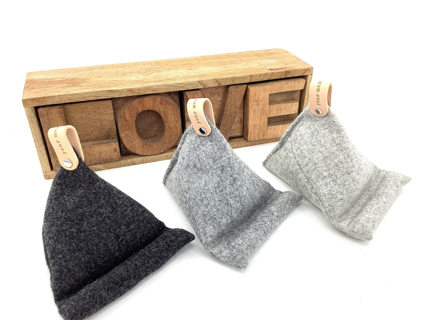 Personalised Pure Wool Weighted Phone or Tablet Stand Grey Shades. Personalised Gift. Bean Bag Style. Will Hold Any Size