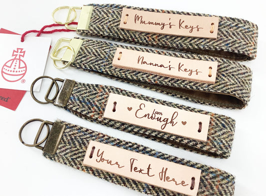 Custom Harris Tweed Keyring. Personalised Leather Tag Key Fob Wristlet Hand Crafted Gift