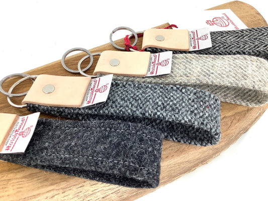 Harris Tweed Keyring with Personalised Leather Hide Trim. Handcrafted Wool Gift