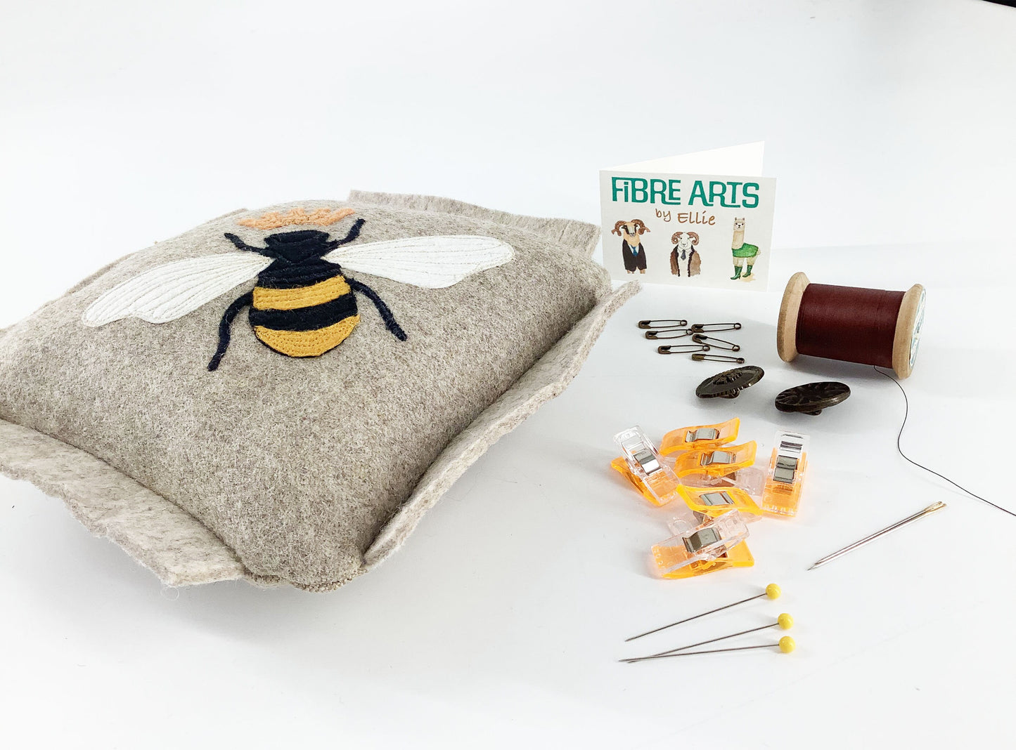 Bee Pin Cushion. 17cm Large Wool Pin, Needle And Clip Organiser. Hand Crafted Eco Applique Sewing Gift