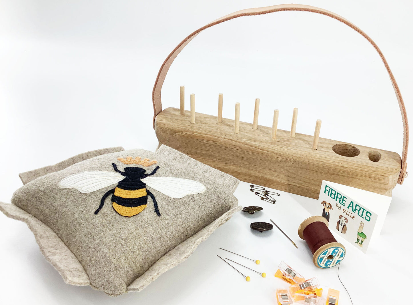 Oak Wooden Bobbin Spool Thread Stand Holder Bee Pin Cushion Set. Scissor, Tools, Cotton Reels Bobbins Display. Handmade Sewing Gift