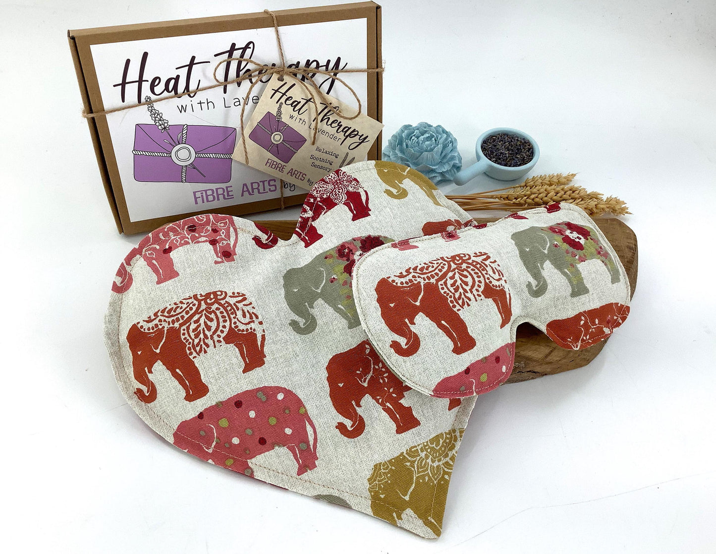 Elephant Heart Shaped Microwave Wheat Bag & Face Pillow Heat Pack Gift Set with Covers. Sheep Themed Lavender Scented Wellbeing Gift Box