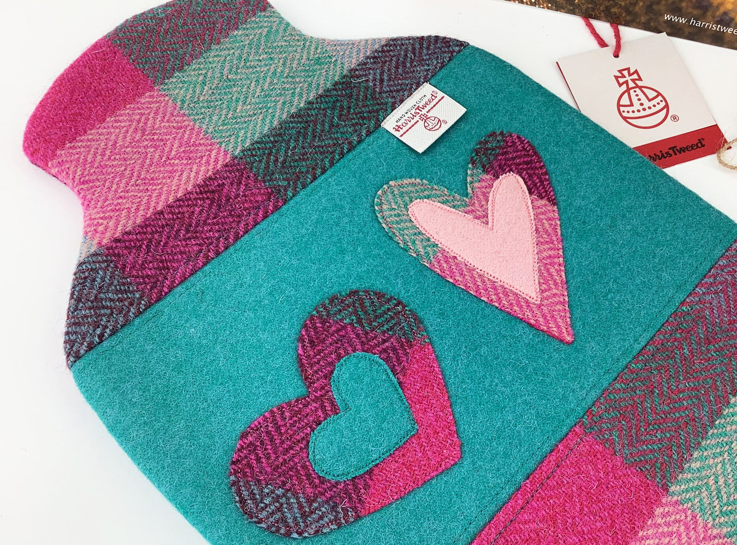 Harris Tweed Hot Water Bottle Cover. Patchwork Applique Hearts Heat Therapy Relaxation Mindfulness Eco Gift for Her