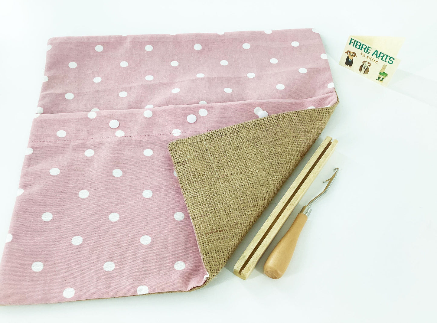 Rag Rug Making Kit. Beginners No Sew Finished Pink Polka Dot Designer CottonBurlap Cushion and Rug Making Tools