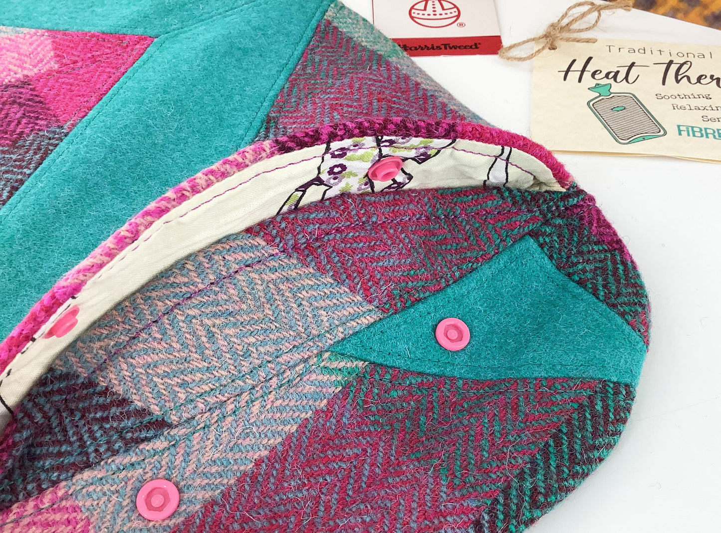 Harris Tweed Hot Water Bottle Cover. Patchwork Applique Hearts Heat Therapy Relaxation Mindfulness Eco Gift for Her