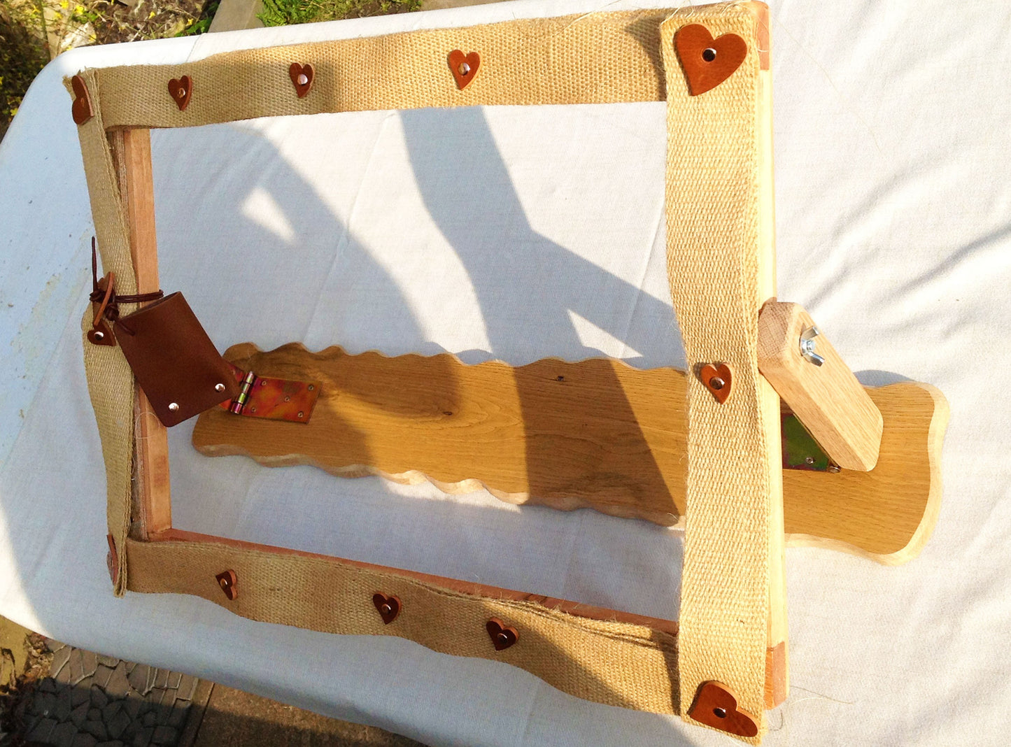 Oak Rug Hooking Needle Punch Frame and Hook. Rag Rug Frame in Recycle Wood. Gripper Cover and Hide Leather Trim.  Hinged to fold flat