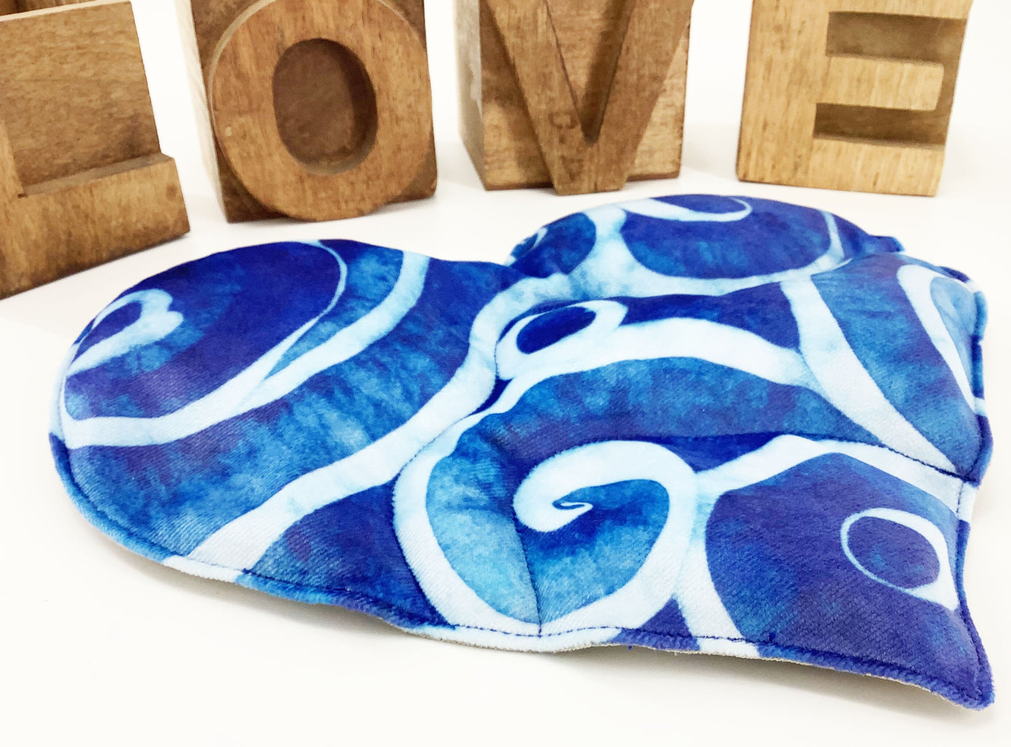 Indigo Shibori Print Heart Shaped Wheat Bag. Lavender Scented or Unscented Warming Handmade Heat Therapy Gift