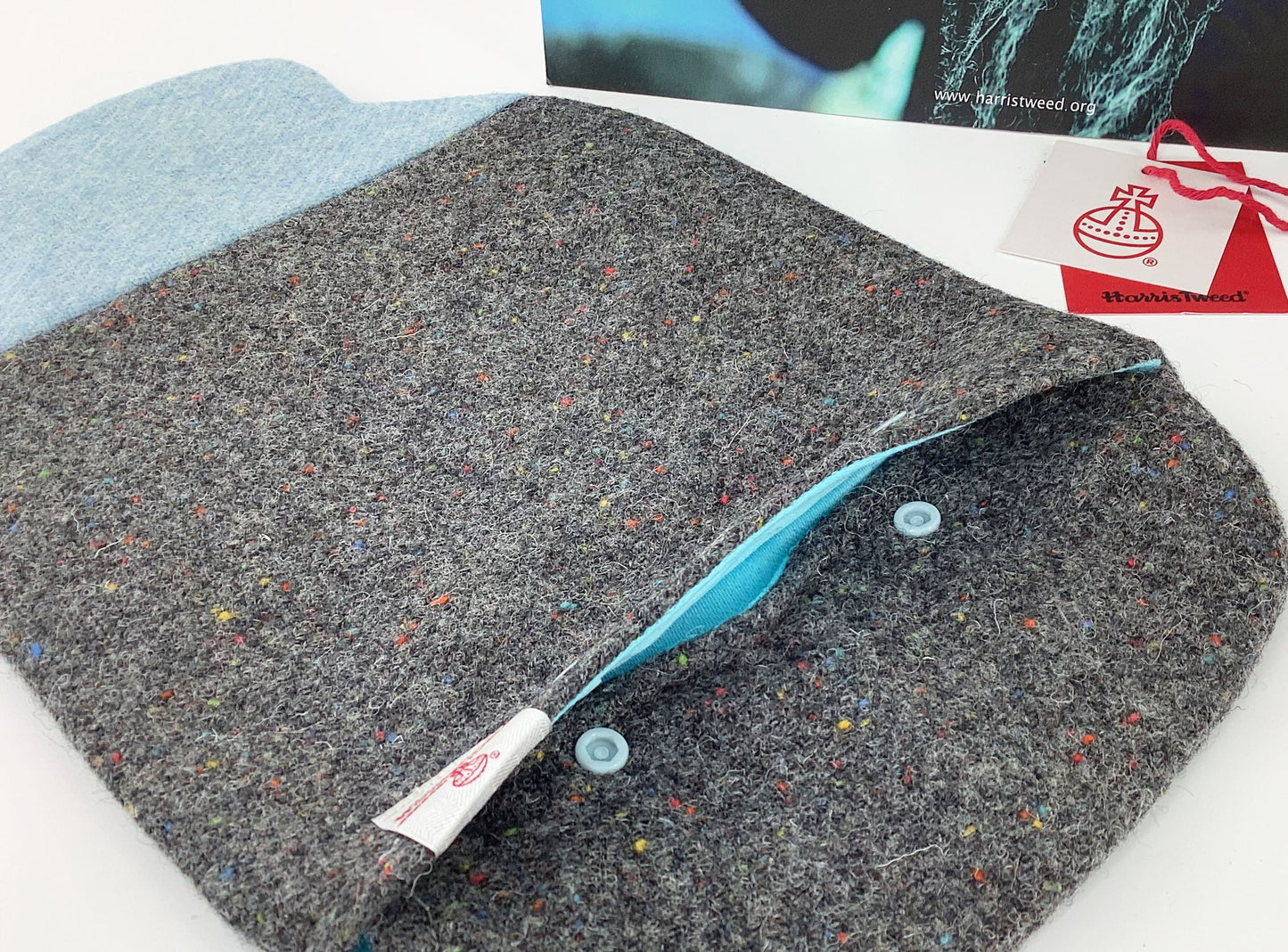 Harris Tweed Hot Water Bottle Cover. Pale Blue Dark Grey Patchwork Ball. Cosy Wool Heat Therapy Relaxation Mindfulness Eco Gift