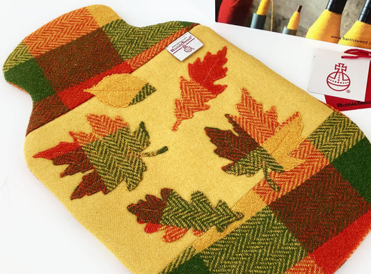 Harris Tweed Hot Water Bottle Cover Golden Yellow Patchwork Leaf Applique. Heat Therapy Relaxation Mindfulness Eco Gift for Her