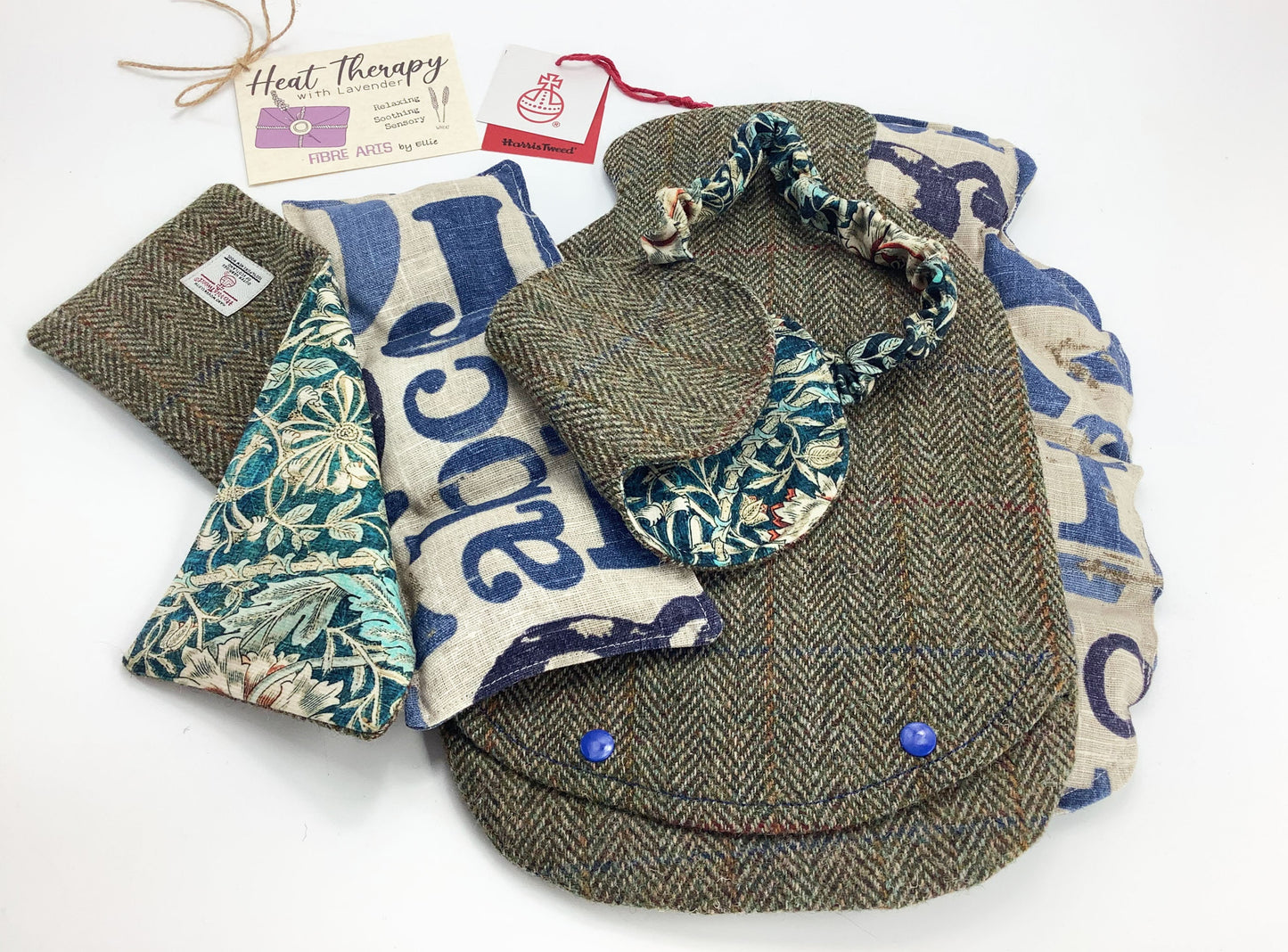 Microwave Wheat Bag Harris Tweed Gift Set. Sleep Mask, Weighted Lavender Eye Pillow, 2L   Hot Water Bottle Cover Heat Therapy Care Package