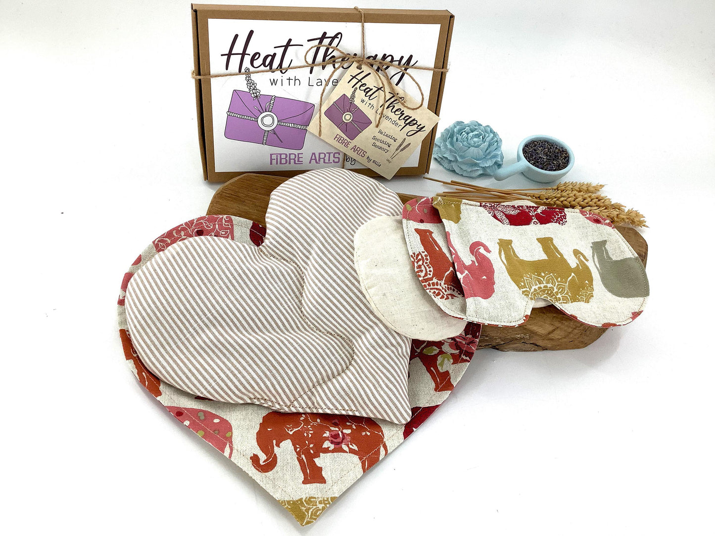 Elephant Heart Shaped Microwave Wheat Bag & Face Pillow Heat Pack Gift Set with Covers. Sheep Themed Lavender Scented Wellbeing Gift Box