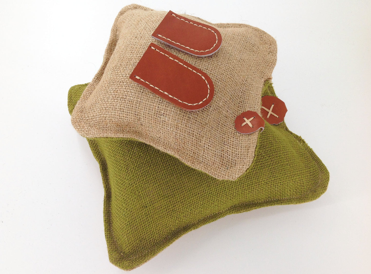 Hessian Needle Felting Mats Large and Small with Hand Stitched Leather Hide Finger Protectors. Pre filled in Green and Natural colours
