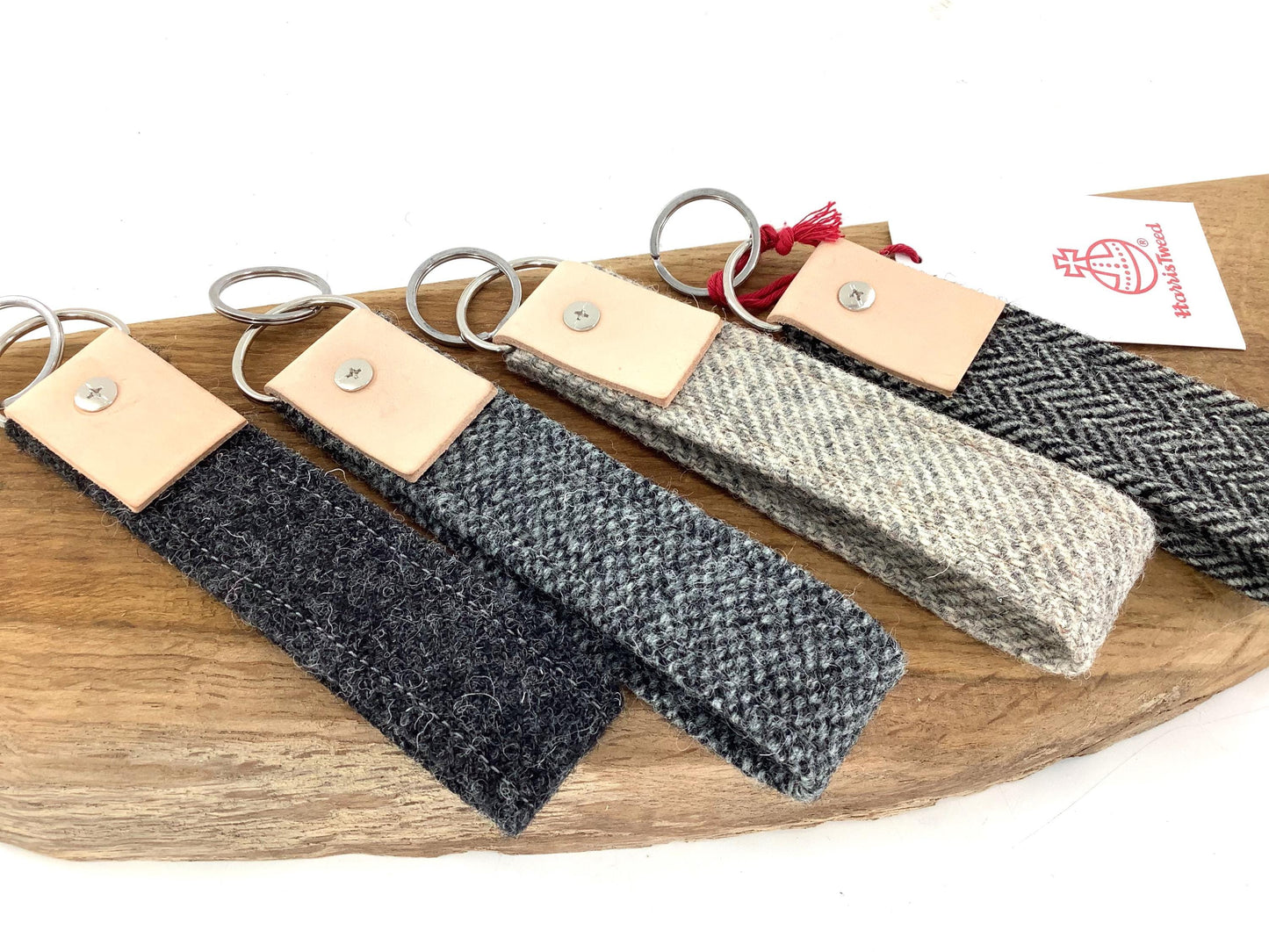 Harris Tweed Keyring with Personalised Leather Hide Trim. Handcrafted Wool Gift