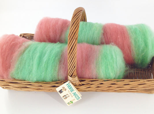 Art Batt 150g British Jacob Wool. Hand Washed, dyed and Carded Ready for Spinning or Felting.  Pink and Yellow Water Melon Shades