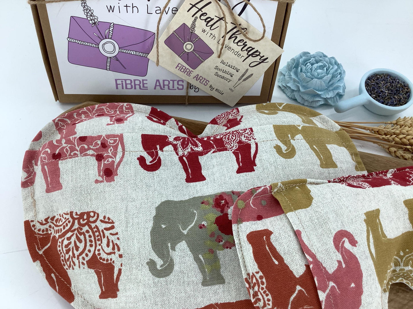 Elephant Heart Shaped Microwave Wheat Bag & Face Pillow Heat Pack Gift Set with Covers. Sheep Themed Lavender Scented Wellbeing Gift Box