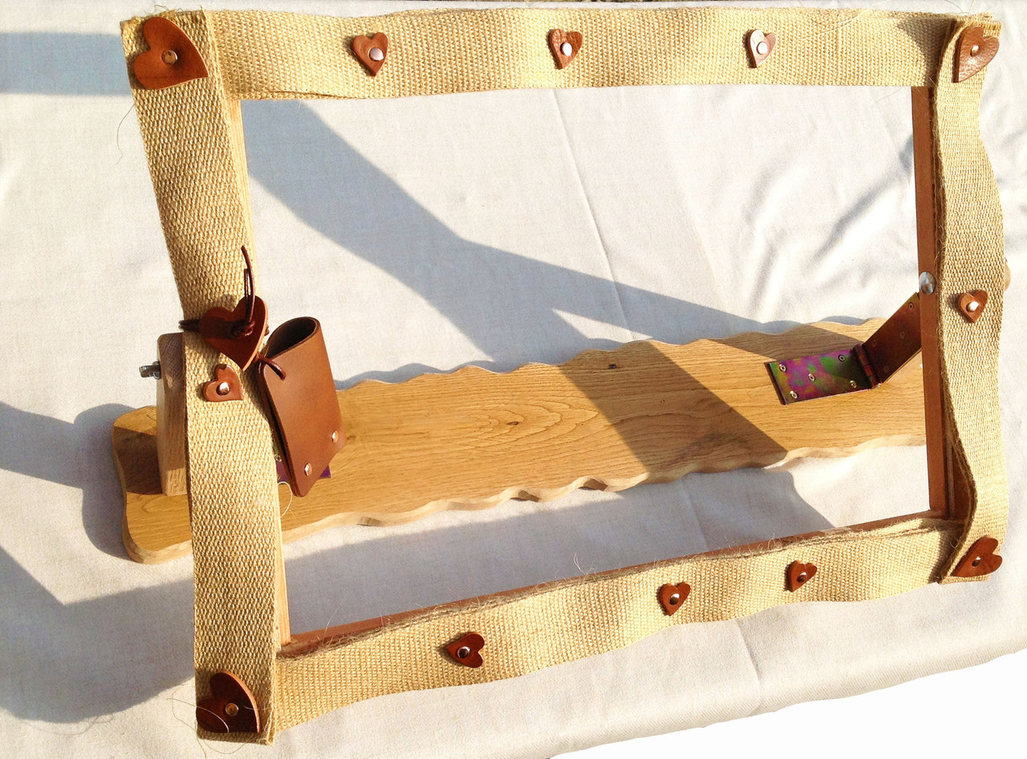 Oak Rug Hooking Needle Punch Frame and Hook. Rag Rug Frame in Recycle Wood. Gripper Cover and Hide Leather Trim.  Hinged to fold flat