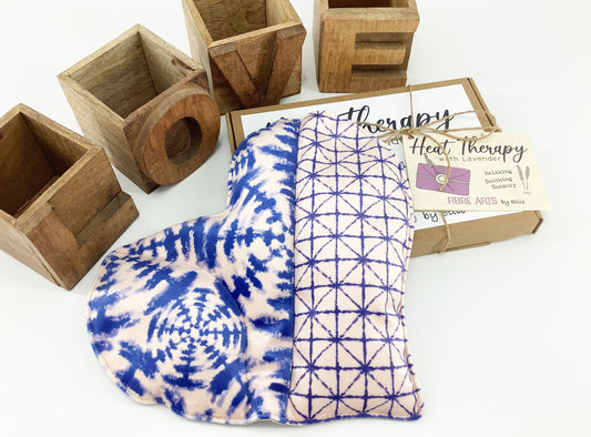 Japanese Shibori Print Heart Shaped Wheat Bag. Scented or Unscented Handmade Heat Therapy Wellness Gift