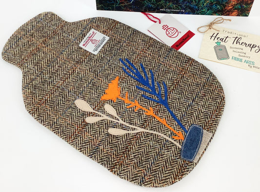 Harris Tweed Hot Water Bottle Cover. Delicate Flower Wool Applique. Heat Therapy Relaxation Mindfulness Gift for Her