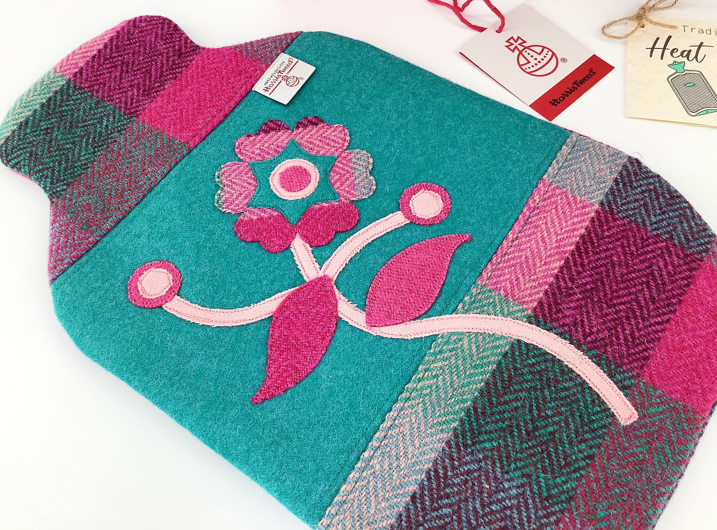 Harris Tweed Hot Water Bottle Cover. Wool Flower Raw Edge Applique Jade Pink Patchwork