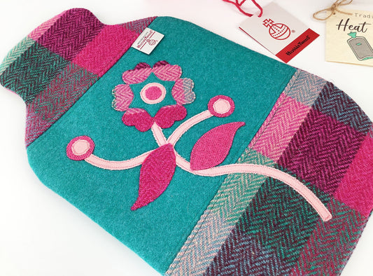 Harris Tweed Hot Water Bottle Cover. Wool Flower Raw Edge Applique Jade Pink Patchwork