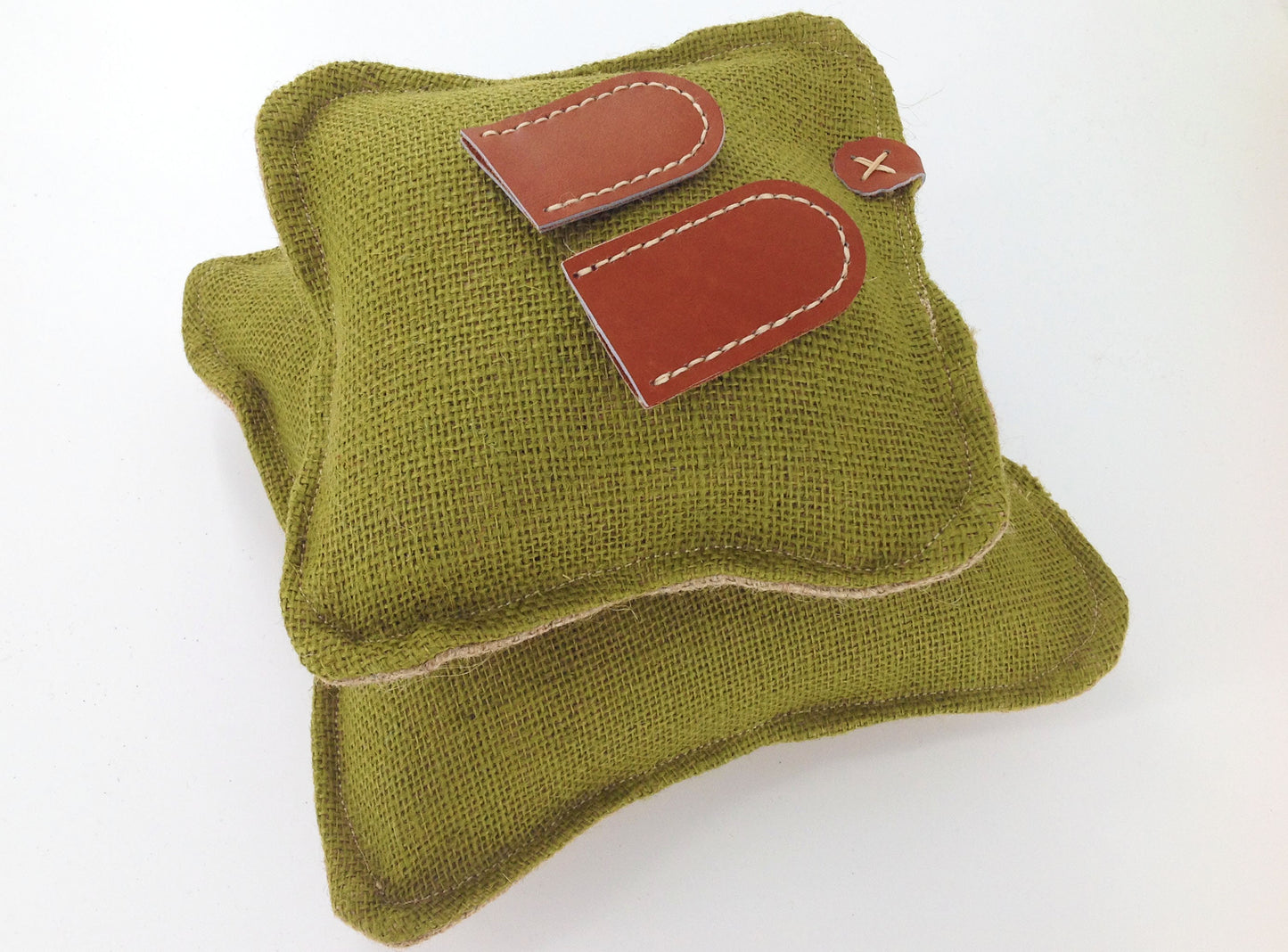 Hessian Needle Felting Mats Large and Small with Hand Stitched Leather Hide Finger Protectors. Pre filled in Green and Natural colours