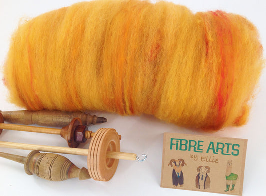 Art Batt for Spinning 100g.  Hand Washed, Dyed and Carded Jacob Wool in Bright Warm Yellow with hint of Orange, Red and Brown Merino Wool