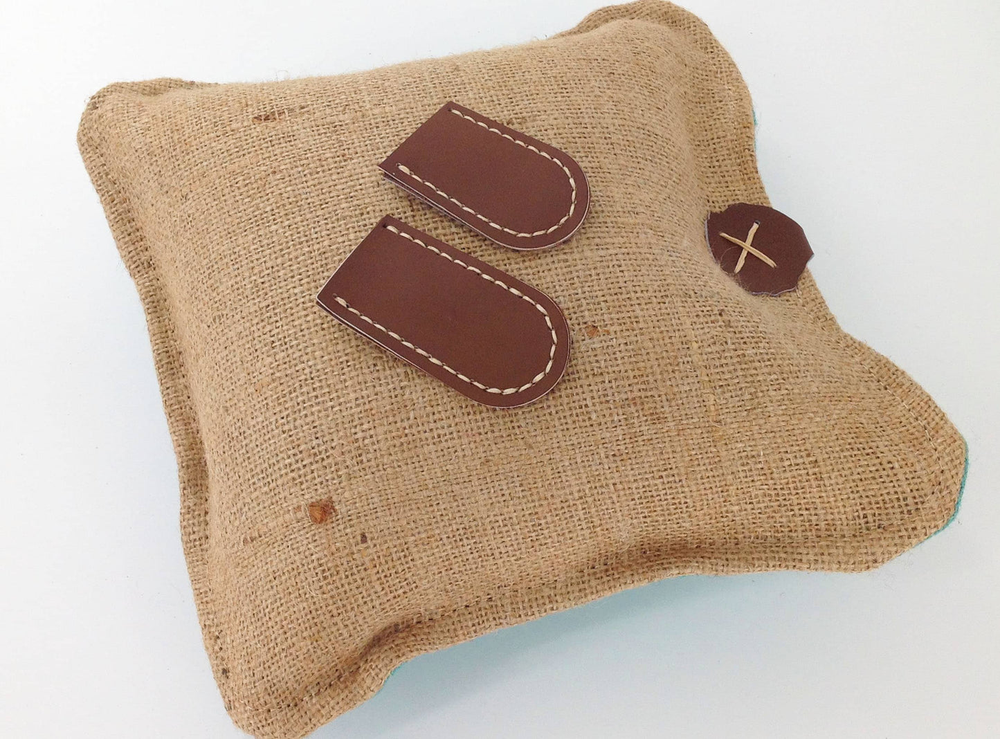 Hessian Needle Felting Mats Set Large and Smal with Hand Stitched Leather Hide Finger Protectors .  Pre Filled Mats Blue and Natural Colours