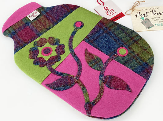 Harris Tweed Hot Water Bottle Cover Patchwork Wandering Flower Applique. Wool Heat Therapy Relaxation Mindfulness Eco Gift for Her
