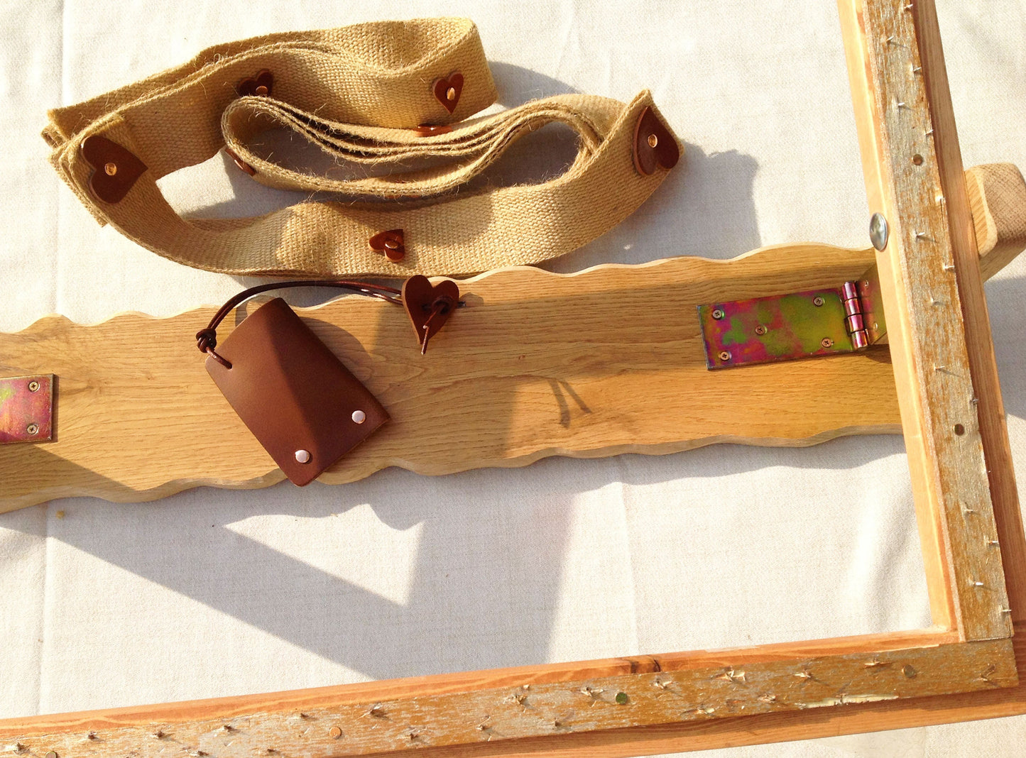 Oak Rug Hooking Needle Punch Frame and Hook. Rag Rug Frame in Recycle Wood. Gripper Cover and Hide Leather Trim.  Hinged to fold flat