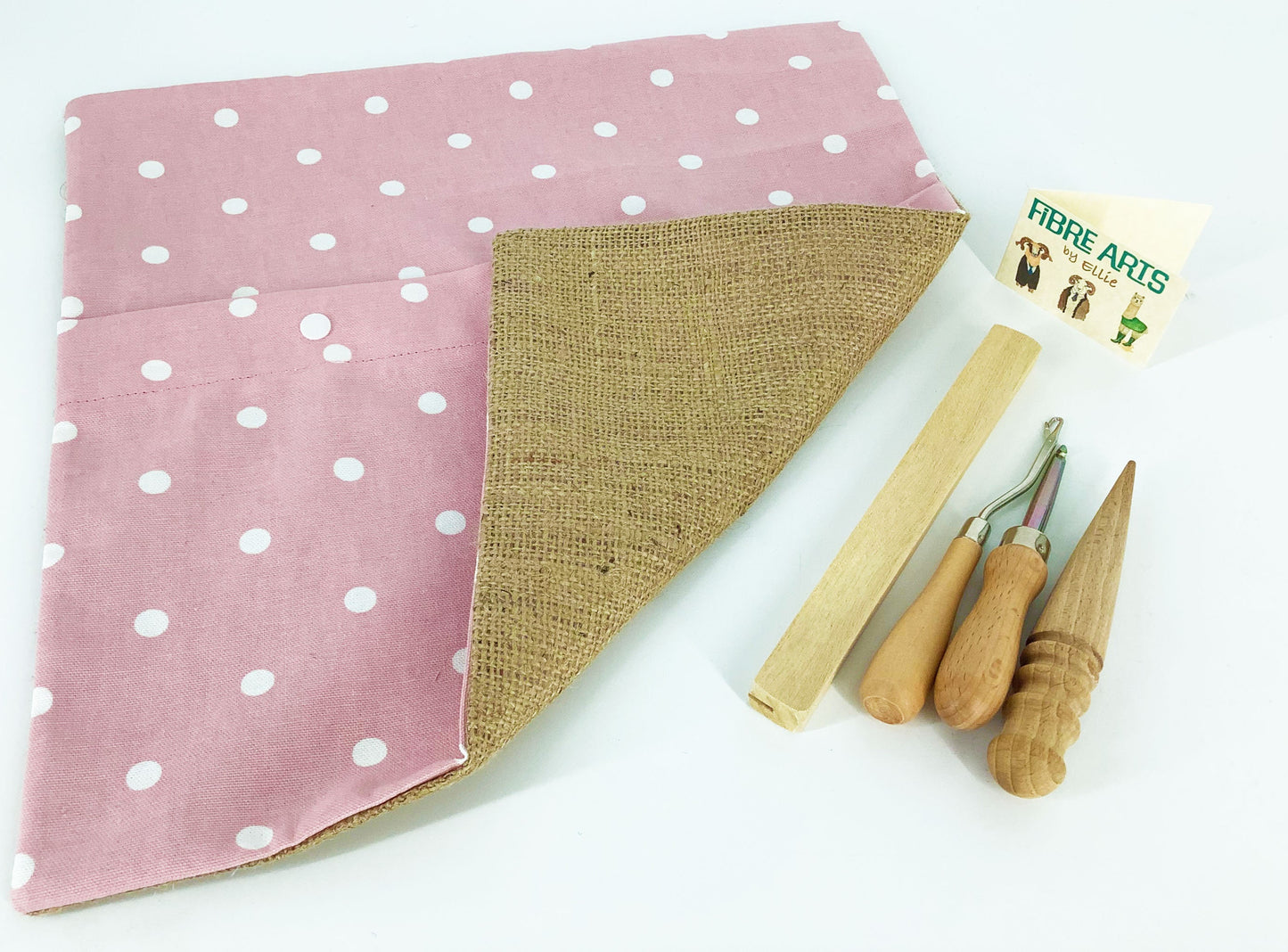 Rag Rug Making Kit. Beginners No Sew Finished Pink Polka Dot Designer CottonBurlap Cushion and Rug Making Tools