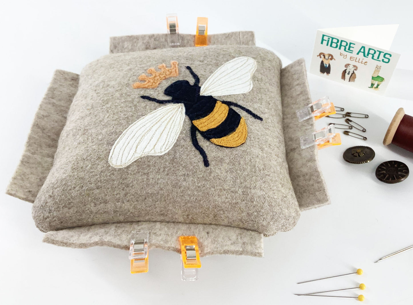 Bee Pin Cushion. 17cm Large Wool Pin, Needle And Clip Organiser. Hand Crafted Eco Applique Sewing Gift