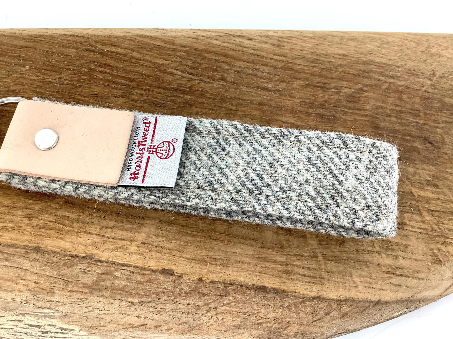Harris Tweed Keyring with Personalised Leather Hide Trim. Handcrafted Wool Gift
