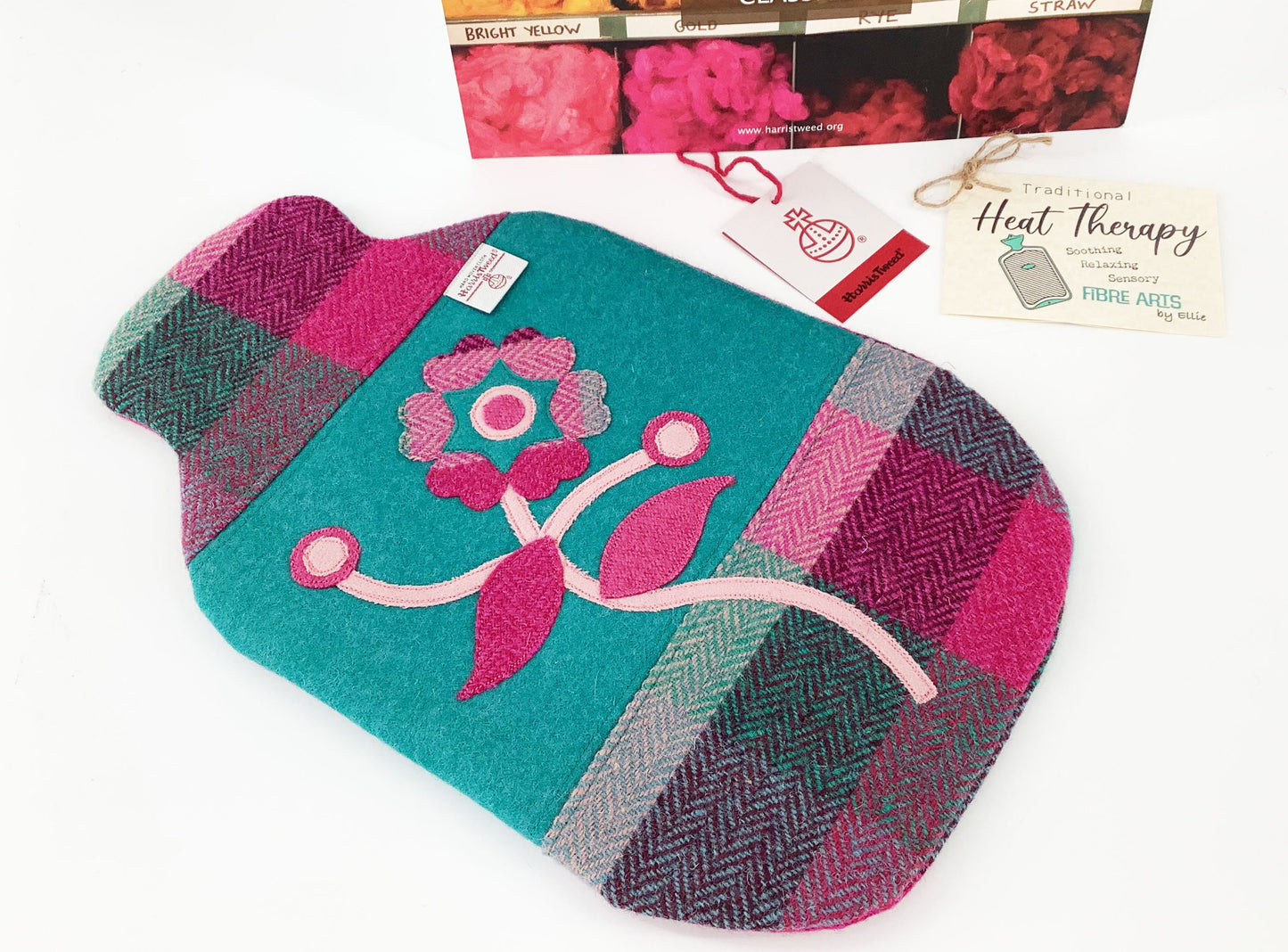 Harris Tweed Hot Water Bottle Cover. Wool Flower Raw Edge Applique Jade Pink Patchwork